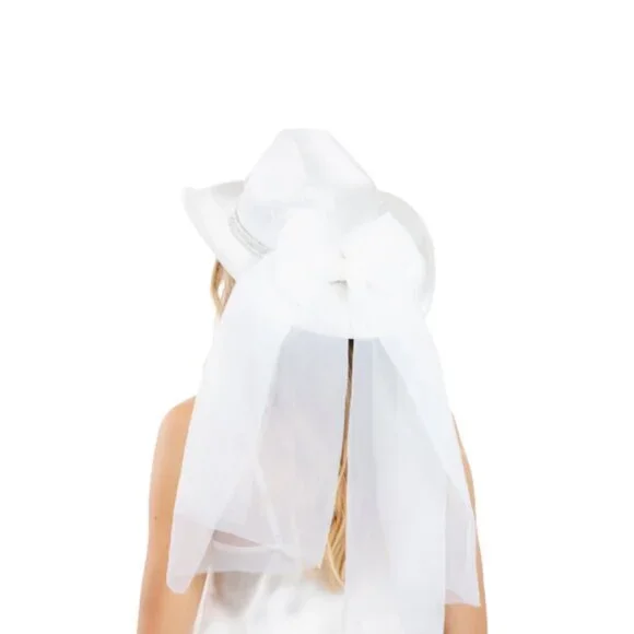 Women’s White‎ "Bride" Cowboy Hat with Pearls & Veil – Bachelorette Party - Picture 3 of 5